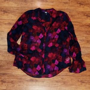 PAIGE 100% Silk Floral Button Down Blouse with Long Bell Cuffs, L